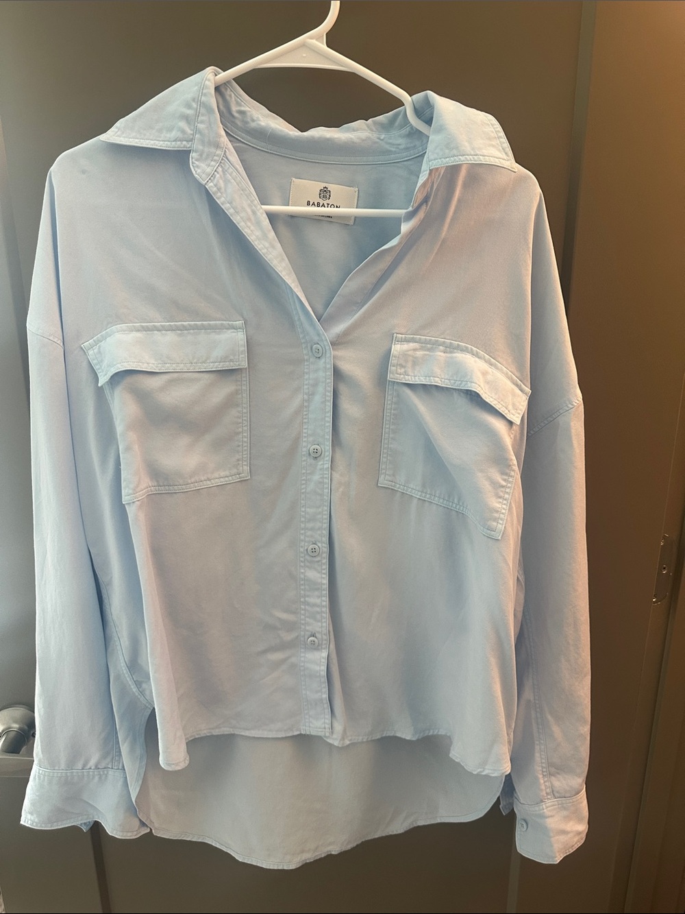 Babaton Pale Blue Button-Down Shirt with Pocket Flaps